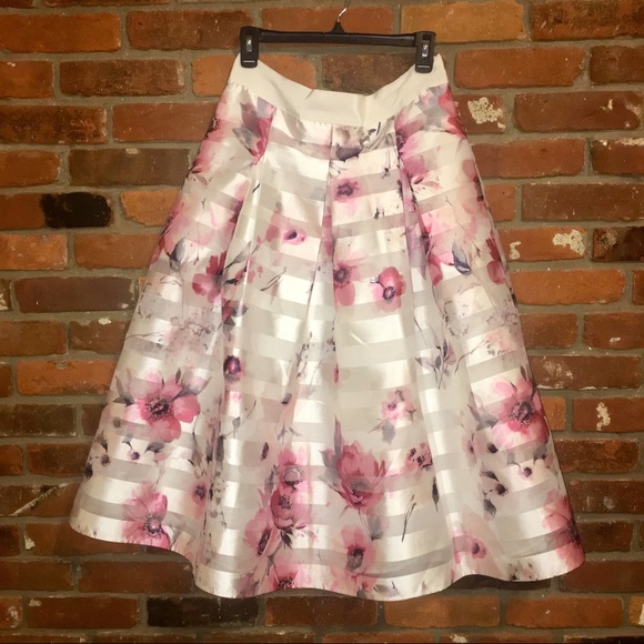 White House Black Market Dresses & Skirts - Whbm Satin Shadow Stripe Floral Full Midi Skirt